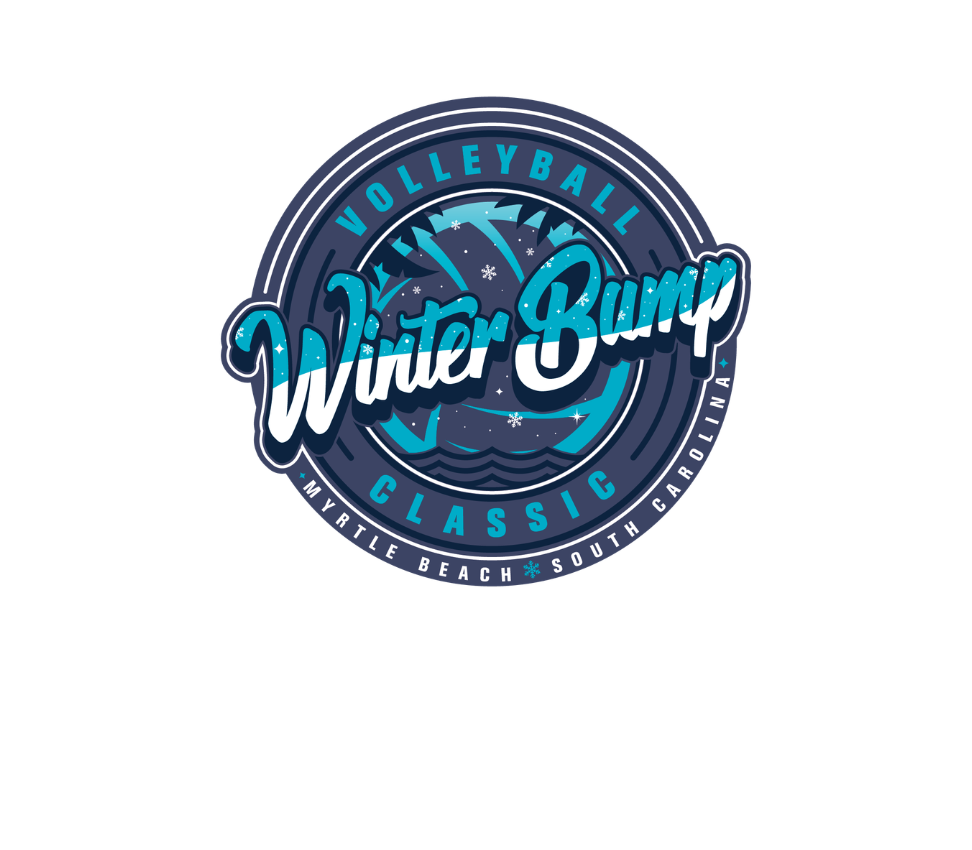 Volleyball Winter Bump Classic event logo featuring a circular winter-themed design with snowflakes and mountains, promoting a volleyball tournament in Myrtle Beach, South Carolina