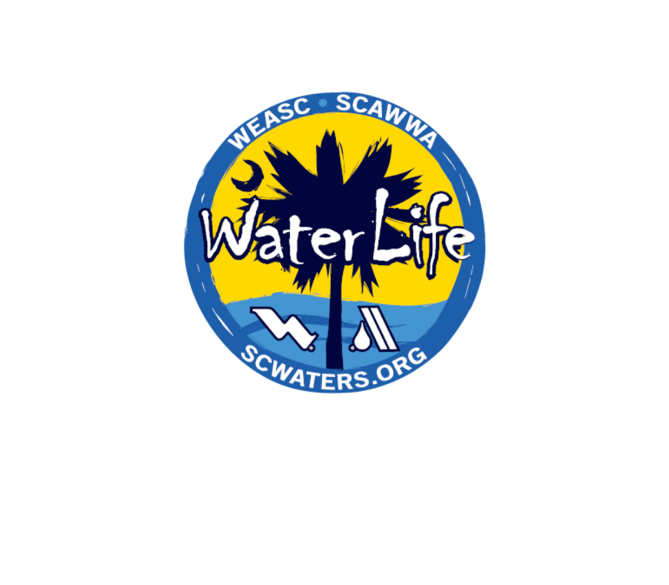 Circular “WaterLife” logo featuring a palm tree silhouette over water with a crescent moon and sun, surrounded by the text “W.E.A.S.C. S.C.A.W.W.A.” and “scwaters.org