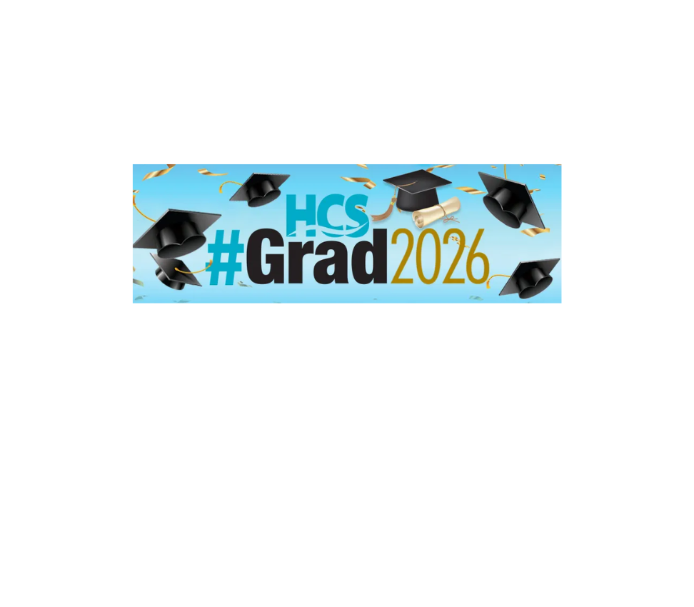HCS #Grad2026 graphic with graduation caps, confetti, and a diploma on a blue background.