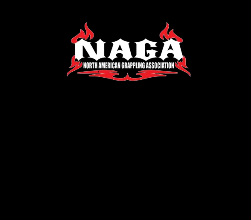 Logo for the North American Grappling Association (NAGA), featuring bold white lettering with red flame designs on a black background.