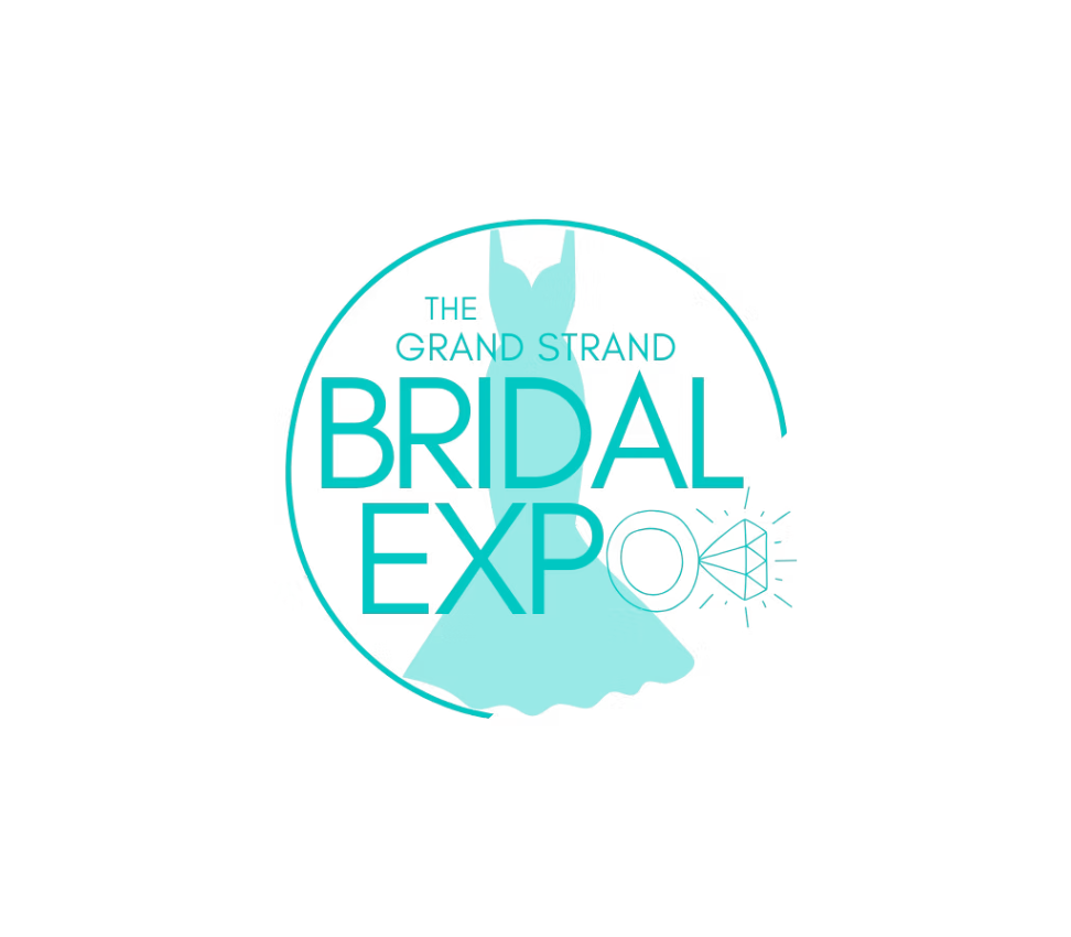 Logo for The Grand Strand Bridal Expo featuring a teal wedding dress silhouette and diamond ring graphic inside a circular design.