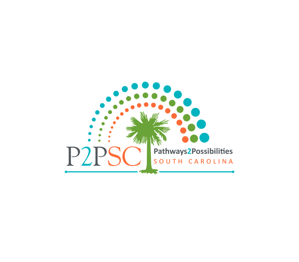 P2PSC Pathways2Possibilities South Carolina logo featuring a palmetto tree with colorful dotted arcs representing career pathways and opportunities for students.