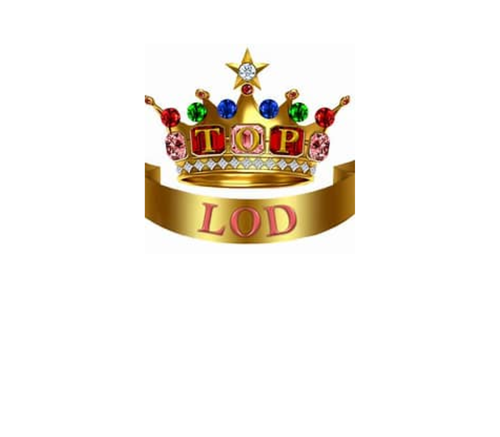 Gold crown logo with colorful jewels and a star on top featuring the text ‘TOP LOD’ on a gold ribbon banner